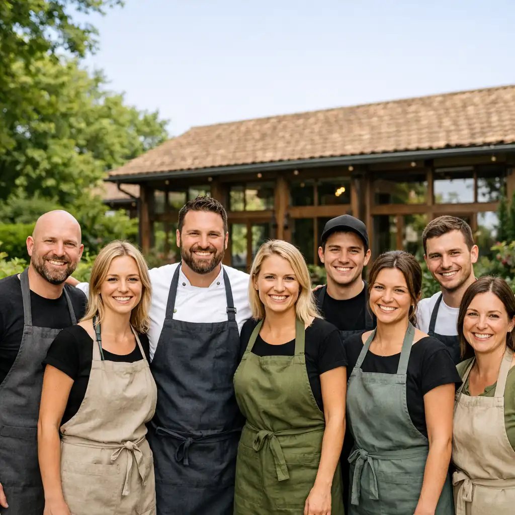 A Culinary Garden House csapata a kertben, mosolyogva, kötényben
