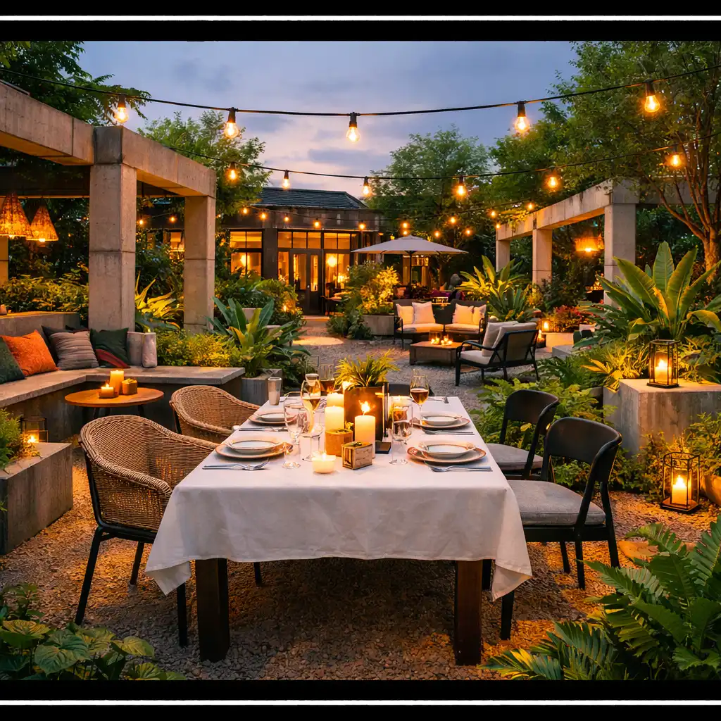 A Culinary Garden House kertje esti fényekben, terített asztallal és buja növényzettel